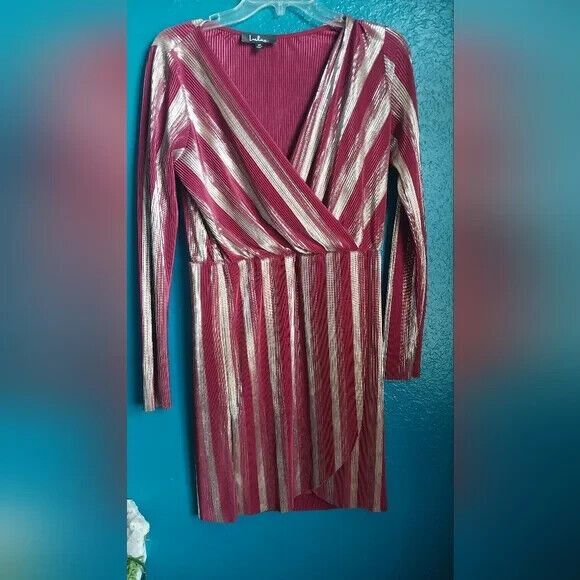 LULUS Dress Medium Gold and Burgundy Striped V.I.P. Party Pleated Long Sleeve - Picture 2 of 7